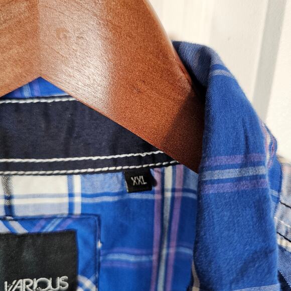 Various Artists Size Men's 2XL Button Up Blue Plaid Short Sleeved Shirt EUC - Picture 4 of 4